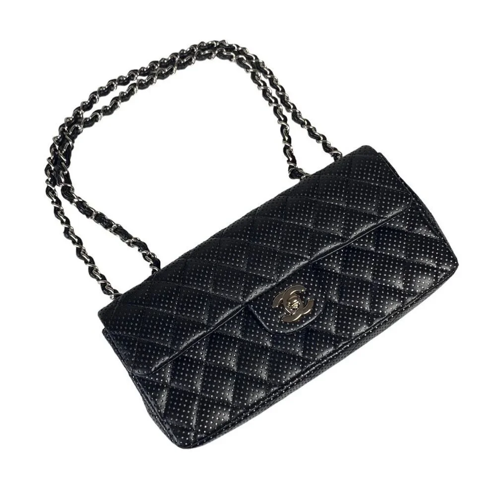 Chanel East West Classic Shoulder Flap Bag Quilted Black Perforated Leather